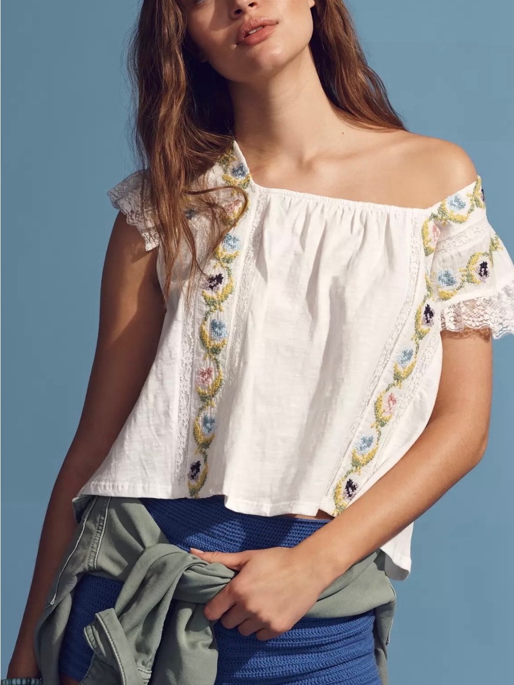 Anthropologie White Embroidered Off-Shoulder Crop Top